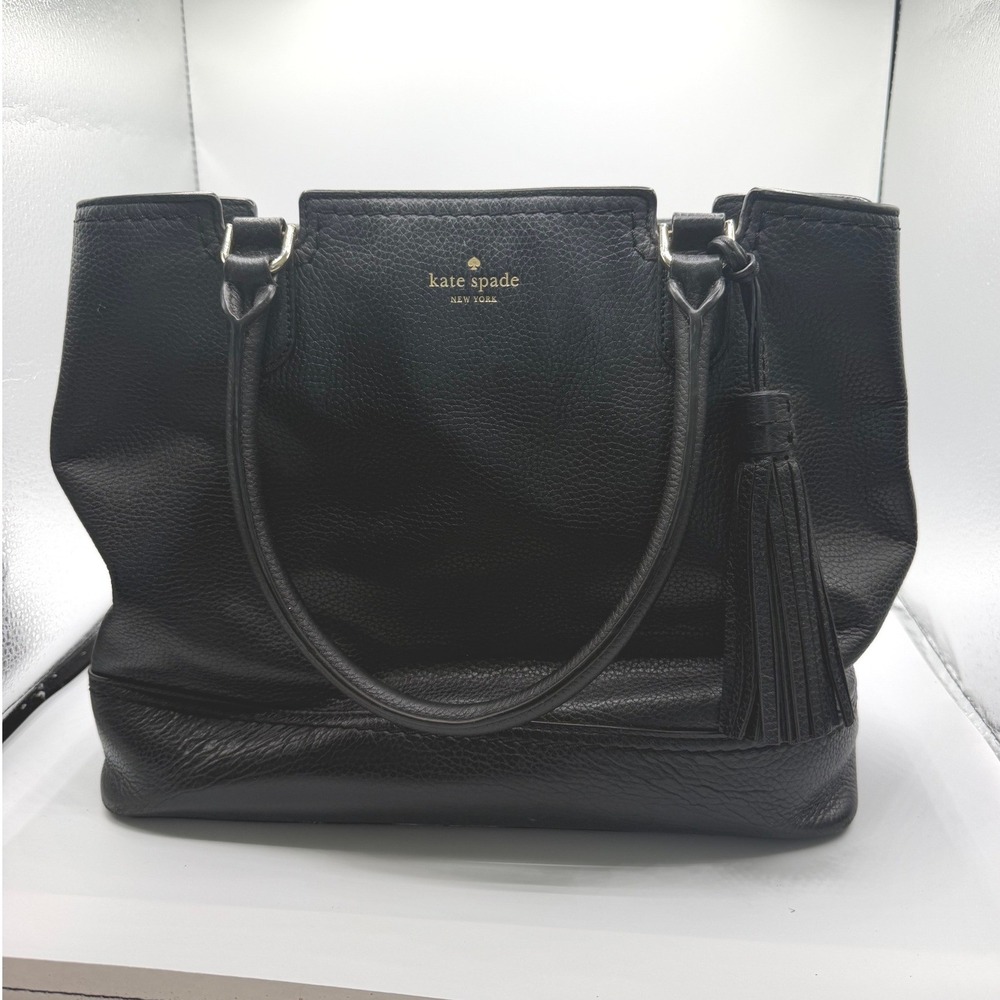 Kate Spade New York Tote Bag Womens Black Good Pebbled Leather Tassel Gold Logo